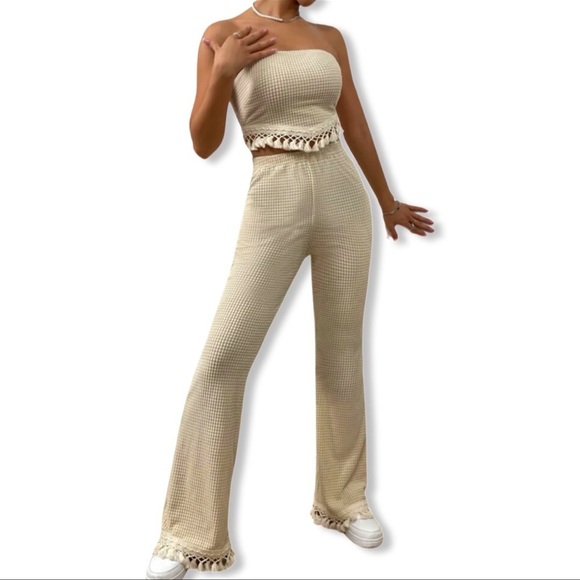 Cream Waffle/Knitted Tie Back Tassel Hem Tube Top & Wife Leg Pants Set | S | NWT - Picture 1 of 9